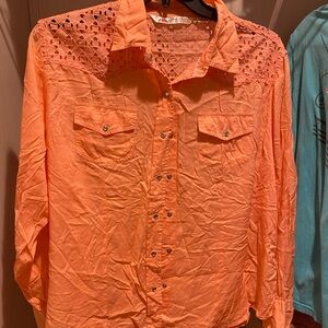 Orange Button-Up Shirt with Lace Detail